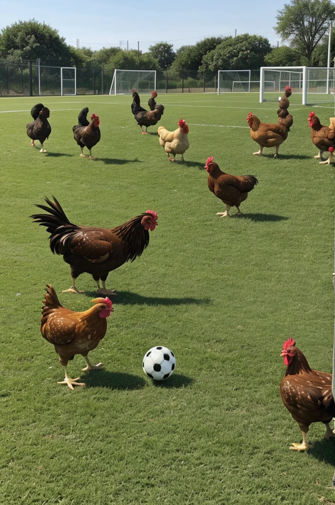 Chickens playing soccer 