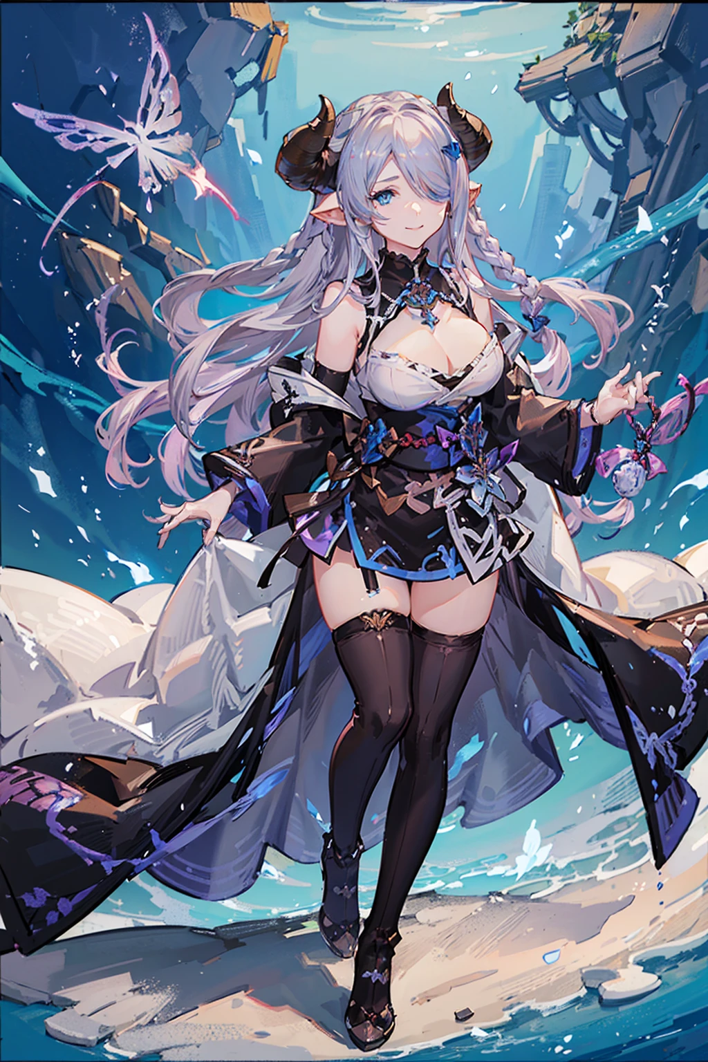 (((1 woman))), ((detailed blue eyes)), ((long silver hair)), large breasts, perfectly drawn body, narmaya, seductive smile, miniskirt, best quality, masterpiece, ultra-detailed