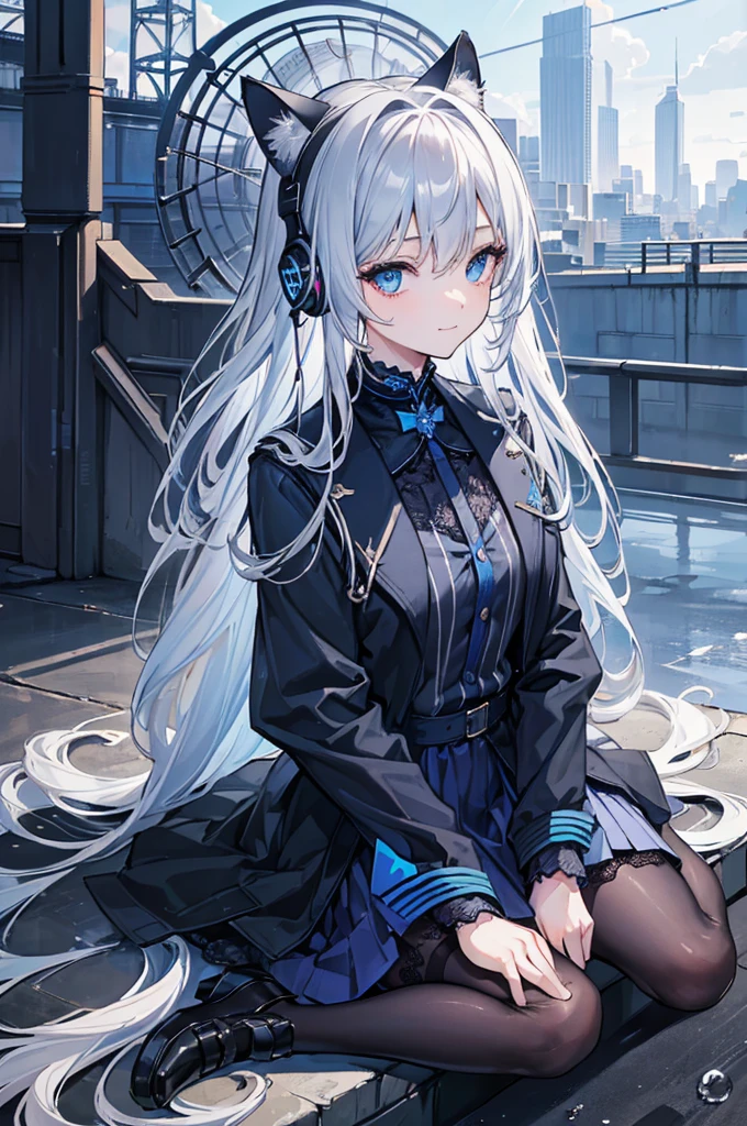 ((Best Quality)), ((Masterpiece)), (Detailed), Perfect Face, Very Detailed, Masterpiece, Best Quality, Official Art, Extremely Detailed CG Unified 8k Wallpaper, Dynamic Eyes and Detailed Full Body Portrait, trendy style, long silver-gray hair, shoulder-length hair, a futuristic blue halo on her head, ((sitting on the ground)), ((spread legs)), future clothing, with a mechanical feel, ((dark blue skirt with bright blue lace)), ((black jacket with blue stripes)), JK short skirt, cat ear headphones on the head, smile, city streets in the background, ((watery eyeright eyes))