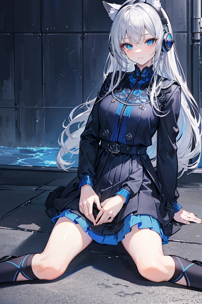 ((Best Quality)), ((Masterpiece)), (Detailed), Perfect Face, Very Detailed, Masterpiece, Best Quality, Official Art, Extremely Detailed CG Unified 8k Wallpaper, Dynamic Eyes and Detailed Full Body Portrait, trendy style, long silver-gray hair, shoulder-length hair, a futuristic blue halo on her head, ((sitting on the ground)), ((spread legs)), future clothing, with a mechanical feel, ((dark blue skirt with bright blue lace)), ((black jacket with blue stripes)), JK short skirt, cat ear headphones on the head, smile, city streets in the background, ((watery eyeright eyes))