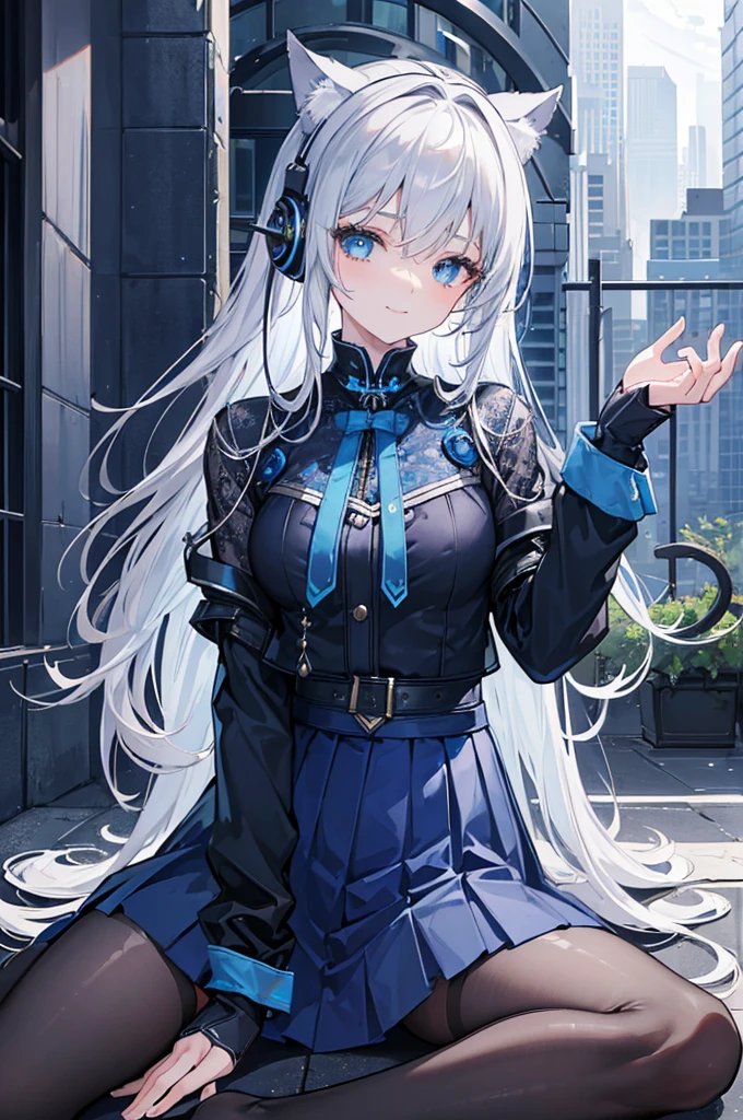 ((Best Quality)), ((Masterpiece)), (Detailed), Perfect Face, Very Detailed, Masterpiece, Best Quality, Official Art, Extremely Detailed CG Unified 8k Wallpaper, Dynamic Eyes and Detailed Full Body Portrait, trendy style, long silver-gray hair, shoulder-length hair, a futuristic blue halo on her head, ((sitting on the ground)), ((spread legs)), future clothing, with a mechanical feel, ((dark blue skirt with bright blue lace)), ((black jacket with blue stripes)), JK short skirt, cat ear headphones on the head, smile, city streets in the background, ((watery eyeright eyes))