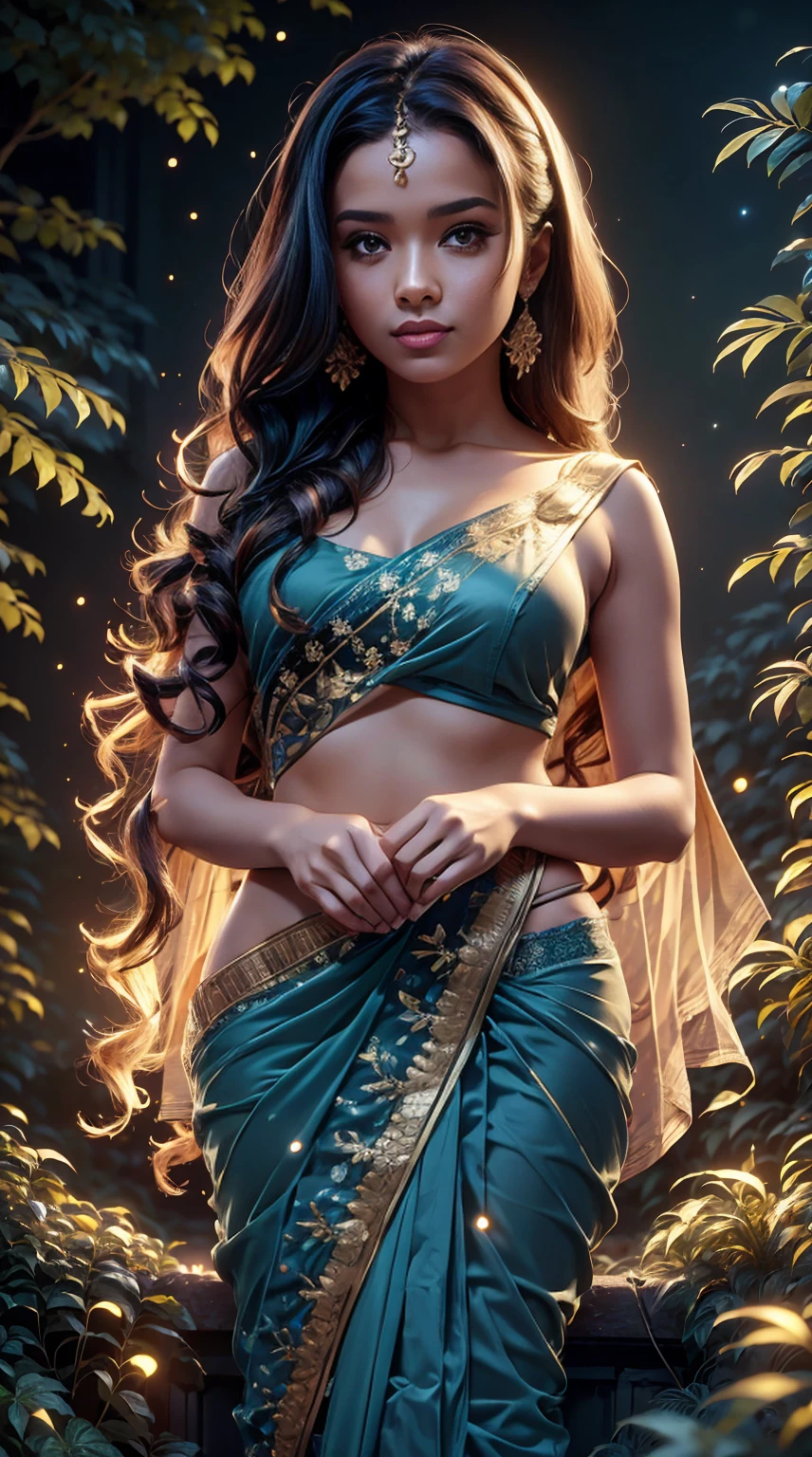 Young Indian woman, topless saree, garden, night, detailed body, detailed face, ultra realistic, charming, cute, big hazel eyes with long curly hair, perfect fingers, ambient lighting, winter, detailed background, 8k