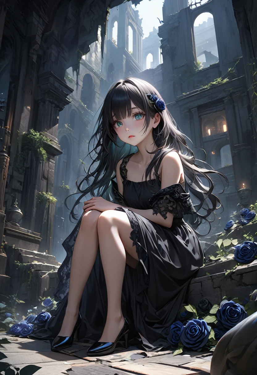 Full Body View, Elevation, Beautiful attention to detail, Beautiful lip detail, Highly detailed eyes and face, Long eyelashes, beautiful and cute young girl, Princess of the Underworld, dark表情, Depressed face, look up,Sit and hold your knees, White and black gradient hair, Through the bangs, Flowing Hair, Decorated with green and black roses黒人の薄いベール, Decorated with green and black roses、Very beautiful black dress, dark地下世界の背景, (Highest quality,16K,High resolution,masterpiece:1.2),Super detailed,(Ultra-realistic,Photorealistic:1.37),High resolution,超High resolution,Studio Lighting,Ultra-fine painting,Sharp focus,Physically Based Rendering,Very detailed explanation,Professional,Vibrant colors,Japanese anime style,Dramatic lighting,Chiaroscuro,mysterious,melancholy,dark,Surreal,Fantasy,The background is of ruins