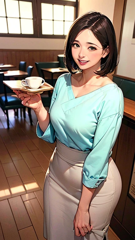 1 Woman, Japanese Woman,(Housewife:1.5),(40 Years Old:1.68),(Attractive Mature Woman:1.66),(Middle Age:1.78),(small breasts:1.2),((graduated haircut)),Casual, simple blouse,V-neckline,knee-length skirt, blouse in bright colors,pastel shades,(((cafe interior,in room))),(laugh:1.4),