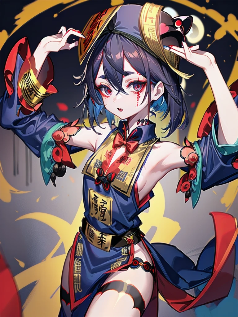 absurderes, (solo)Ultra-detail, Delicate beautiful face,(jiangshi:1.4), (Spells with red letters on yellow),mid night,Dark scenery,Stretch your hands forward,Blue manicure,(double tooth),Cemetery at night