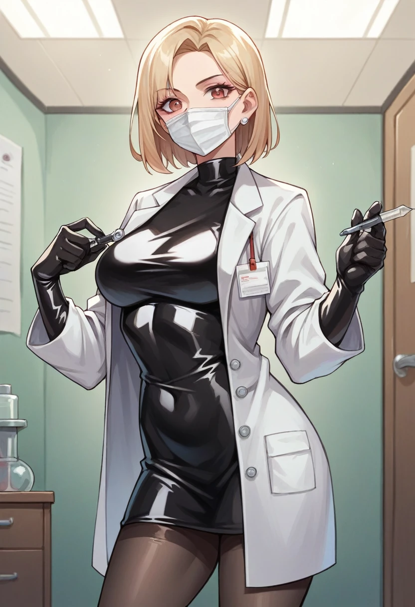 1girl, light hair, ((black elbow gloves)), ((surgical gloves)), ((latex gloves)), ((long sleeves)) ((white surgeon outfit)), surgeon mask, looking at viewer, ((doctor)), standing, solo