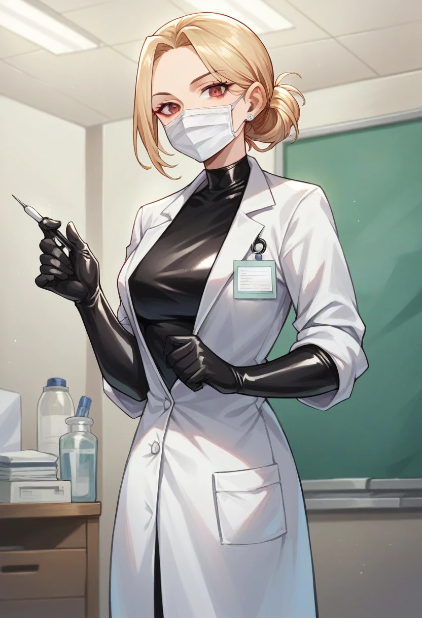 1girl, light hair, ((black elbow gloves)), ((surgical gloves)), ((latex gloves)), ((long sleeves)) ((white surgeon outfit)), surgeon mask, looking at viewer, ((doctor)), standing, solo