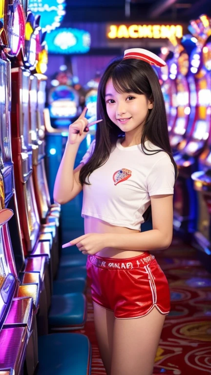 high quality, detailed,((a girl gets excited after hitting the jackpot "777" on a slot machine and points her finger at the number "777" on the screen of the slot machine:1.68)),feminine,((no manicure)),((baby face:1.37)),((very cute face:1.37)),((small nose,slim waist:1.68,small hip:1.68)),the girl is wearing very sexy dress,