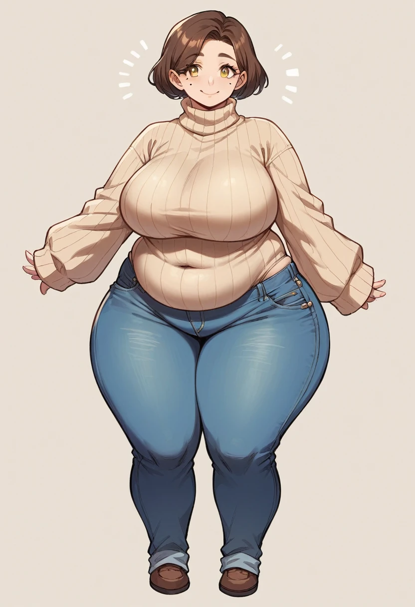 a 38 year old adult woman, She has a robust and curvy build.... Your hips, The stomach and bust are pronounced...., which gives you an hourglass figure, some wrinkles on the face...., short brown hair, yellow eyes, a mole on the cheek, closed smile, big breasts, Wide hips, thick thighs, Rolls, large beige turtleneck sweater, sleeves that cover the hands, blue wide jeans, baggy clothes, full body view, alone, cream colored background, standing, a good chubby,