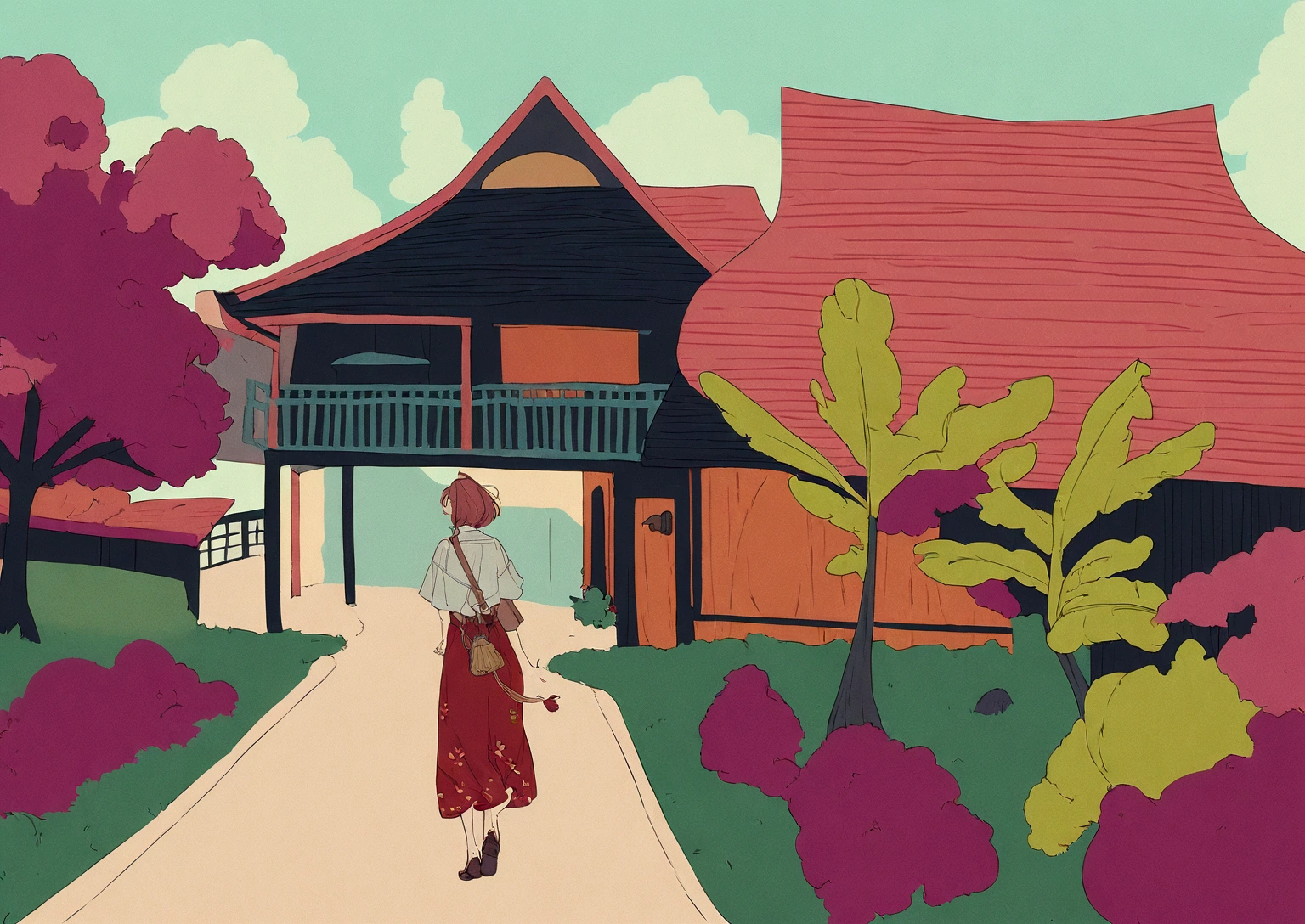 A woman is walking on the road in front of the house, illustration&quot;, Digital Rendering, inspired by Ingrida Kadaka, Full color illustrations, Inspired by Takeyama Koji Saneatsu, Illustration details, Digital Illustration, detailed Digital Illustration, by Ella Guru, stylized Digital Illustration, one example, Inspired by I Ketut Soki