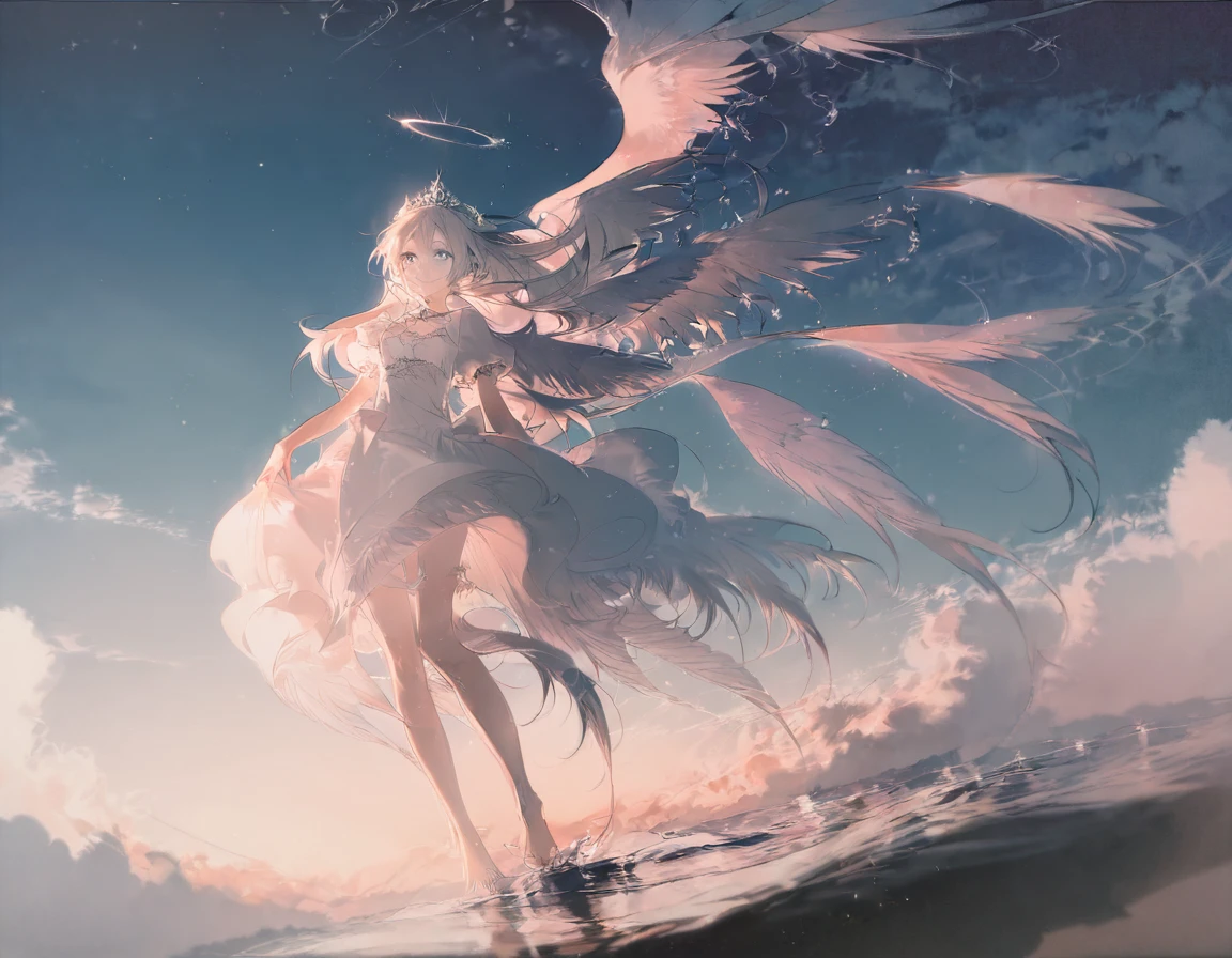 (masterpiece, best_quality:1.2), by rella, 1girl, solo, blue eyes, white dress, tiara, white hair, bangs, long hair, medium , angel wings, feathered wings, puffy s sleeves, fox ears, smile, standing, outdoors, sky, barefoot, cloud, water, floating hair, halo, cloudy sky, horizon, angel,
