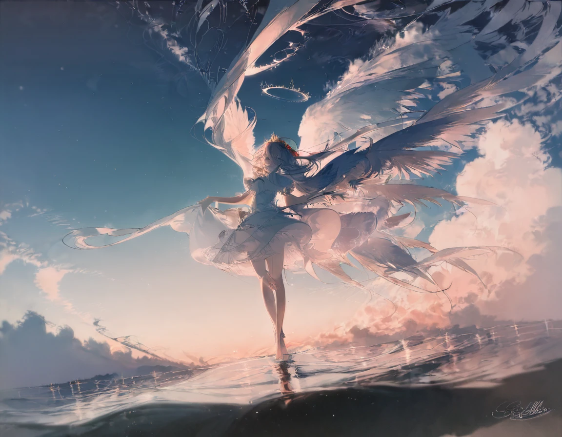 (masterpiece, best_quality:1.2), by rella, 1girl, solo, blue eyes, white dress, tiara, white hair, bangs, long hair, medium breasts, angel wings, feathered wings, puffy short sleeves, fox ears, smile, standing, outdoors, sky, barefoot, cloud, water, floating hair, halo, cloudy sky, horizon, angel,
