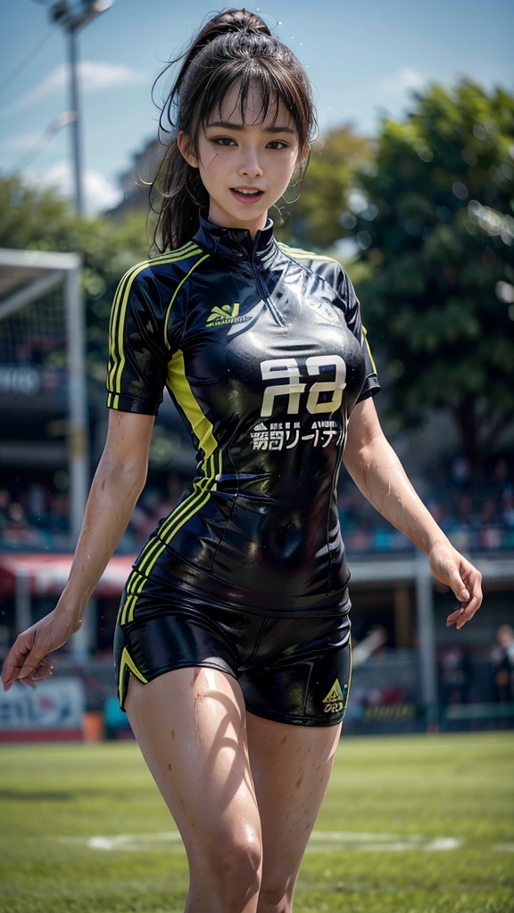 Highest quality, High resolution:1.2, Very detailed, Realistic:1.3, ((Beautiful woman))、((((Super tight uniform))))、((Super big breasts))、(The abdomen is visible)、Vibrant colors, play soccer,((Blunt bangs))、Various Hair Styles、Different hair colors、With bangs、Wet Hair, concentrate, splash, Action Shots, Grass blotches, Muddy ground, Wet turf, decide, Fast-paced games, Athletic physique, Shiny soccer ball, Wet Uniform, raindrop, Blurred motion, ボールにconcentrateする, Intense competition, Skillful dribbling, Energetic play, Teamwork, powerful shoots, Wet pitch, Passionate sports, Fierce decide, Humid atmosphere, Fluid movement, emotional expression、Dramatic lighting, Women's Sports, Avid athletes, Exciting Games, Endure, Excited state, Speed and agility, Energetic play, 濡れたsplash、smile、Red Uniform