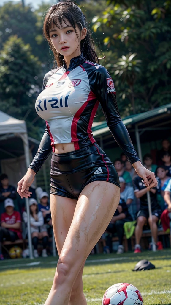 Highest quality, High resolution:1.2, Very detailed, Realistic:1.3, ((Beautiful woman))、((((Super tight uniform))))、((Super big breasts))、(The abdomen is visible)、Vibrant colors, play soccer,((Blunt bangs))、Various Hair Styles、Different hair colors、With bangs、Wet Hair, concentrate, splash, Action Shots, Grass blotches, Muddy ground, Wet turf, decide, Fast-paced games, Athletic physique, Shiny soccer ball, Wet Uniform, raindrop, Blurred motion, ボールにconcentrateする, Intense competition, Skillful dribbling, Energetic play, Teamwork, powerful shoots, Wet pitch, Passionate sports, Fierce decide, Humid atmosphere, Fluid movement, emotional expression、Dramatic lighting, Women's Sports, Avid athletes, Exciting Games, Endure, Excited state, Speed and agility, Energetic play, 濡れたsplash、smile、Red Uniform