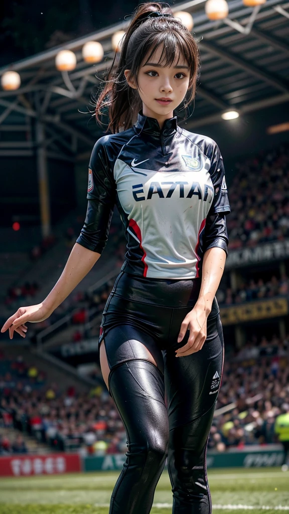 Highest quality, High resolution:1.2, Very detailed, Realistic:1.3, ((Beautiful woman))、((((Super tight uniform))))、((Super big breasts))、(The abdomen is visible)、Vibrant colors, play soccer,((Blunt bangs))、Various Hair Styles、Different hair colors、With bangs、Wet Hair, concentrate, splash, Action Shots, Grass blotches, Muddy ground, Wet turf, decide, Fast-paced games, Athletic physique, Shiny soccer ball, Wet Uniform, raindrop, Blurred motion, ボールにconcentrateする, Intense competition, Skillful dribbling, Energetic play, Teamwork, powerful shoots, Wet pitch, Passionate sports, Fierce decide, Humid atmosphere, Fluid movement, emotional expression、Dramatic lighting, Women's Sports, Avid athletes, Exciting Games, Endure, Excited state, Speed and agility, Energetic play, 濡れたsplash、smile、Red Uniform