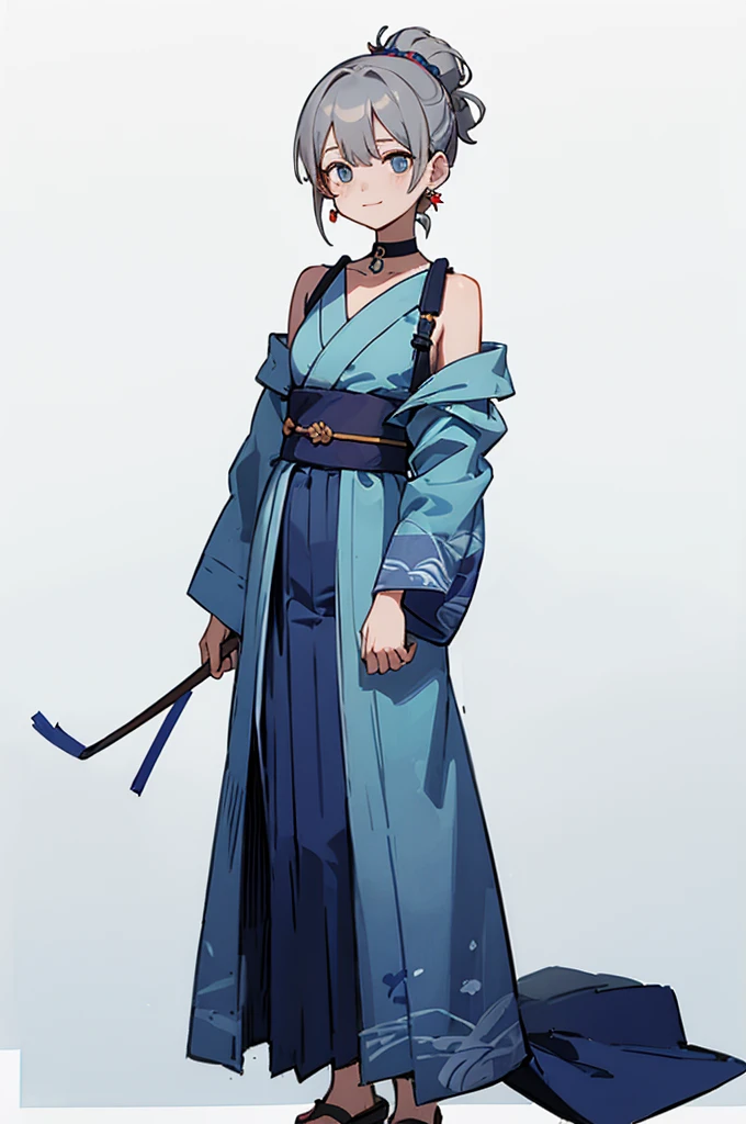 Blue Yukata、Gray Hair、Mischievous face、Choker on neck、Big earrings、Arms crossed、Only the mouth is smiling、Straw sandals、Choker on right leg、Shoulders are out(whole body、Are standing、、White background)