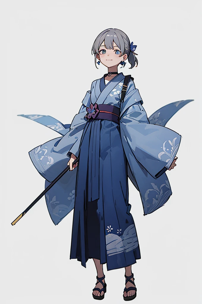 Blue Yukata、Gray Hair、Mischievous face、Choker on neck、Big earrings、Arms crossed、Only the mouth is smiling、Straw sandals、Choker on right leg、Shoulders are out(whole body、Are standing、、White background)