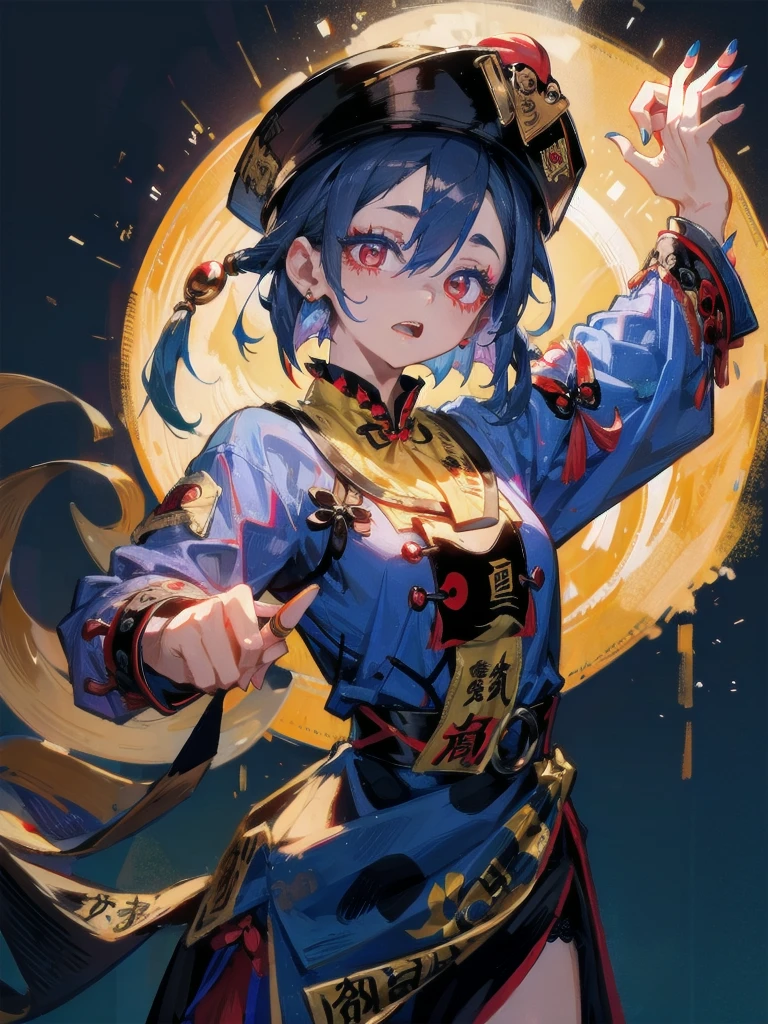 absurderes, ultra-detailliert, Delicate beautiful face,(jiangshi:1.4), (Spells with red letters on yellow),mid night,Dark scenery,Stretch your hands forward,Blue manicure,(double tooth),Cemetery at night