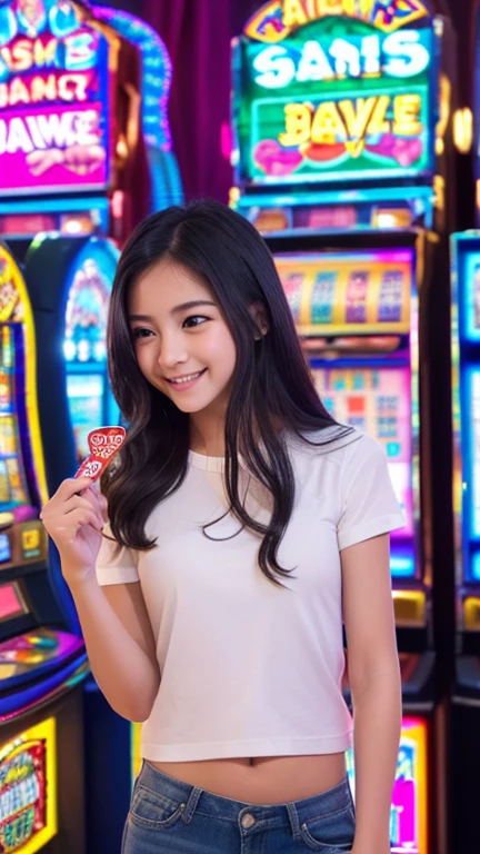 high quality, detailed,((a girl gets excited after hitting the jackpot "777" on a slot machine and points her finger at the number "777" on the screen of the slot machine:1.68)),feminine,((no manicure)),((baby face:1.37)),((very cute face:1.37)),((small nose,slim waist:1.68,small hip:1.68)),the girl is wearing very sexy dress,