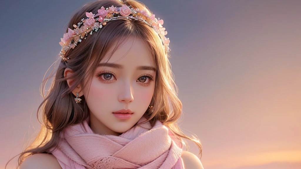 portrait of a stunningly beautiful woman with delicate features, fair skin, large expressive eyes, and a soft pink scarf draped over her head, intricate and ethereal lighting, ultra-realistic, highly detailed, soft background, serene and captivating expression