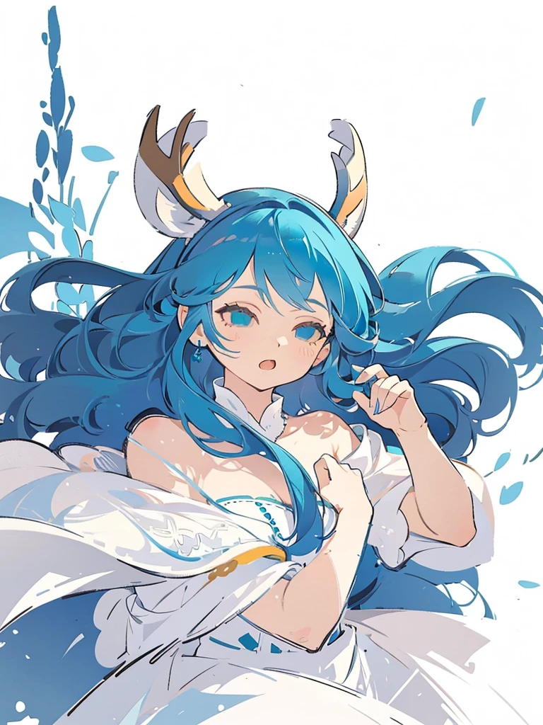 bust-up, 1girl, tosca blue hair, deer ears, white deer antlers, elegant white dress, teasing expression, splash background, solo, sketch, portrait, simple background