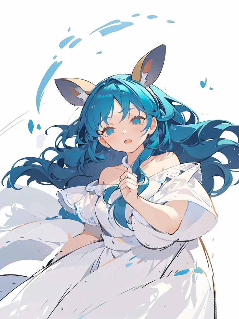 bust-up, 1girl, tosca blue hair, deer ears, white deer antlers, elegant white dress, teasing expression, splash background, solo, sketch, portrait, simple background