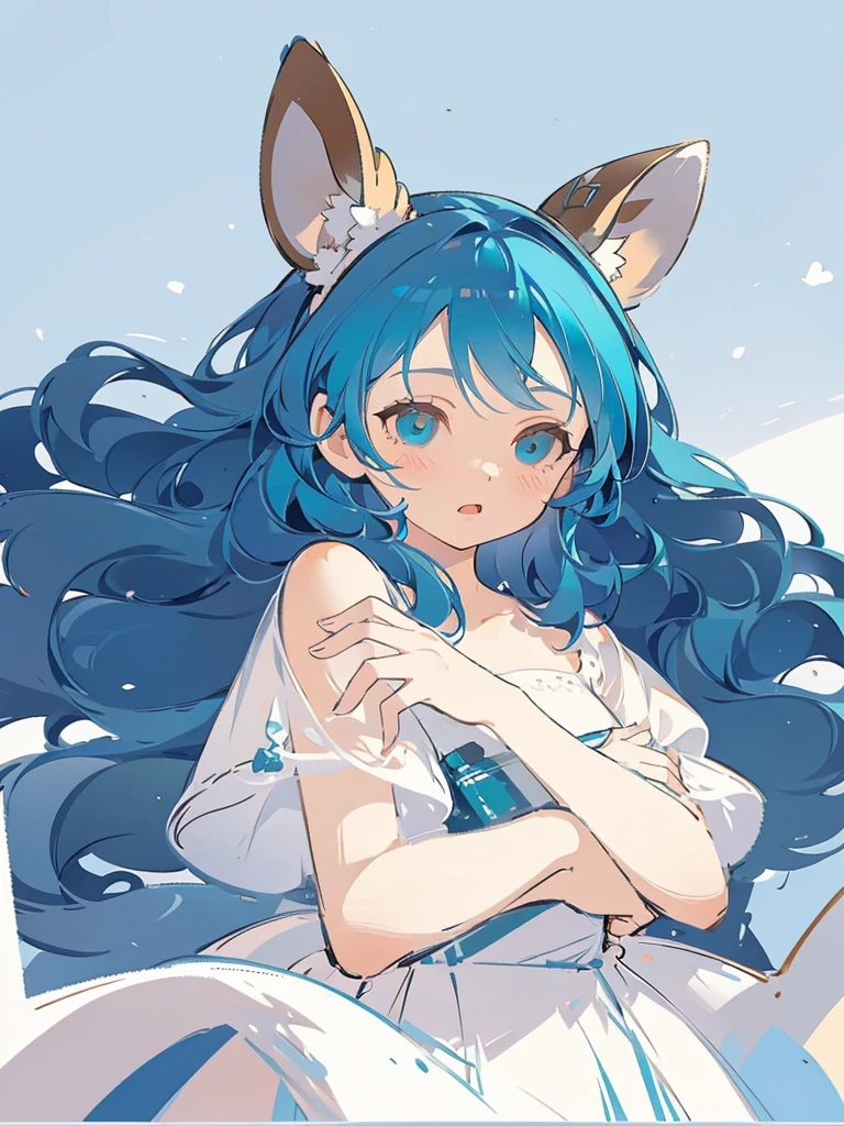 bust-up, 1girl, tosca blue hair, deer ears, white deer antlers, elegant white dress, teasing expression, splash background, solo, sketch, portrait, simple background