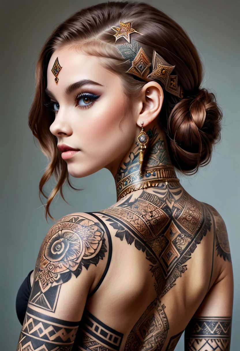 A captivating portrait of a boldly adorned young woman showcasing an intricate full-back tattoo
dvr-frft