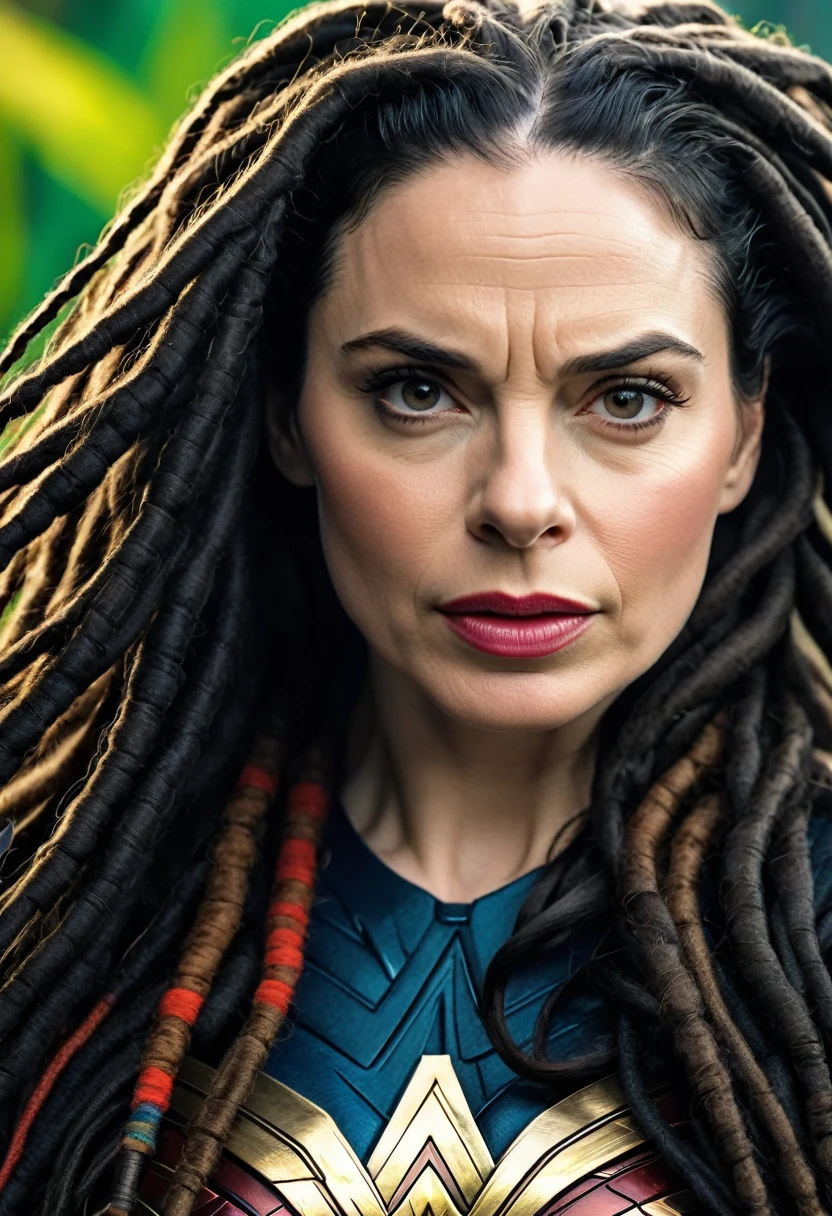 (((Extreme close-up of a beautiful mature woman Hayley Atwell long black hair (((dreadlocks))),(((Diaema Wonder Woman)))under the mantle of the Amazon warrior Wonder Woman images Surreal cinematographic HD images Color Splash))),(((dreadlocks))),(((Diaema Wonder Woman)))
