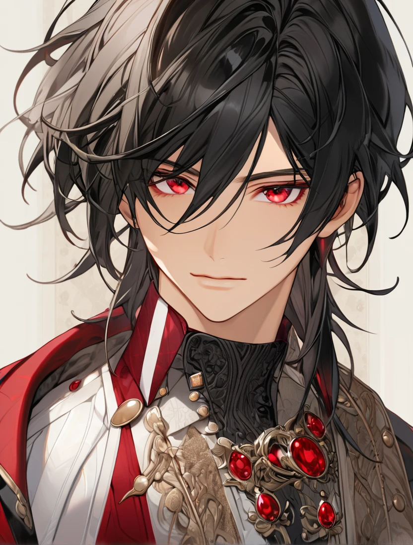 (Black_Hair), (red_ruby_eyes), (Handsome), (attractive), (male), (close_up_shot), (detailed_eyes), (detailed_hair), (clean_hair), (vertical_pupils), (jawline), (wears_aristrocatic_outfit), (in_his_s)