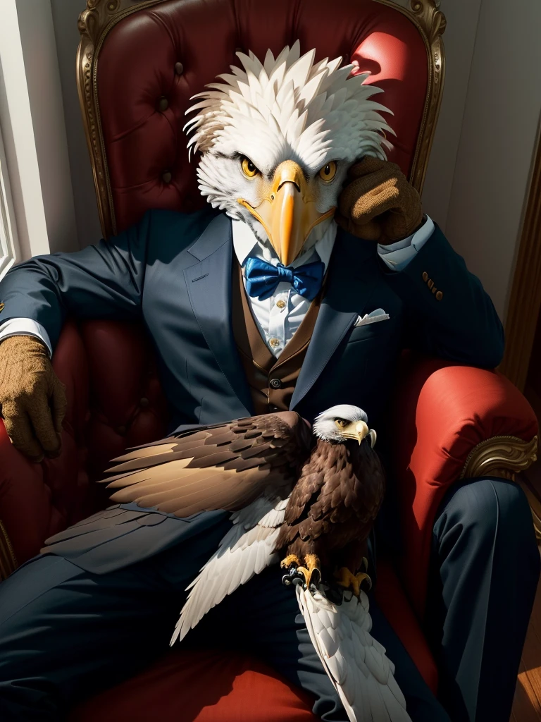 Anthropomorphic eagle wearing a suit,Sitting in a chair like a company president, YouTube video screenshot, The bird is wearing a bow tie, Real-life stills, Live action scenes, Threatening gaze, gentleman, Very emotional, Music video screenshot,
