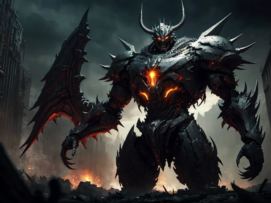 a giant robot battling a huge kaiju, cinematic lighting, dramatic composition, highly detailed mecha design, extremely detailed mechanical parts, complex machinery, advanced technology, intense action, dynamic poses, powerful energy effects, glowing neon details, moody atmosphere, dark and gritty, cinematic camera angle, epic scale, intense battle, muscular and imposing kaiju, terrifying monster design, detailed skin texture, massive claws and teeth, dark color palette, chiaroscuro lighting, moody and ominous, photorealistic, 8k, best quality, ultra-detailed
