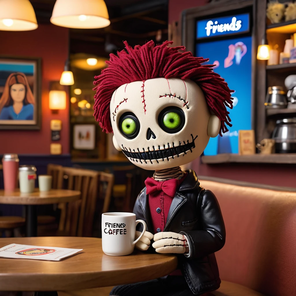 (knitted toy voodoo doll:1.5), (voodoo in the cafe from the TV series "Friends":1.8), (Clothing: casual 90s outfit:1.0), (Accessories: enchanted coffee mug, light-up "Reserved" sign:1.1), (background: iconic cafe from the TV series "Friends", light-up Central Perk sign and cozy atmosphere:1.2), best quality, masterpiece, detailed soft oil painting, detailed background, dramatic cinematic lighting, soft edge lighting, professional, dramatic lighting, hard edge lighting, ultra quality, 4k,masterpiece, best quality, 8k, ultra highres, highres, extremely detailed