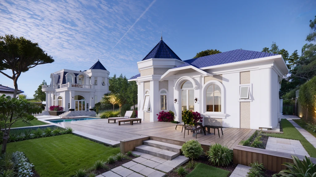A close-up view of a beautifully designed modern European garden with a touch of Asian influence, focusing on a sleek gazebo with a contemporary roof design. Shot with a high-quality DSLR camera, the smooth stone pathway winds through lush green lawns and small grassy hills, leading to a spacious BBQ area equipped with a stylish grill and modern outdoor dining furniture. The gazebo is elegantly furnished with minimalist chairs and a table. The garden includes multiple grassy areas, small mounds forming gentle hills, a serene pond with a waterfall cascading over a hòn non bộ rock formation, and small clear ponds, incorporating Asian-inspired plants that add tranquility to the setting. Soft, ambient lighting enhances the cozy atmosphere. Shallow depth of field, focused foreground, bokeh background. ((8k)), high quality detail, sophisticated and harmonious garden.