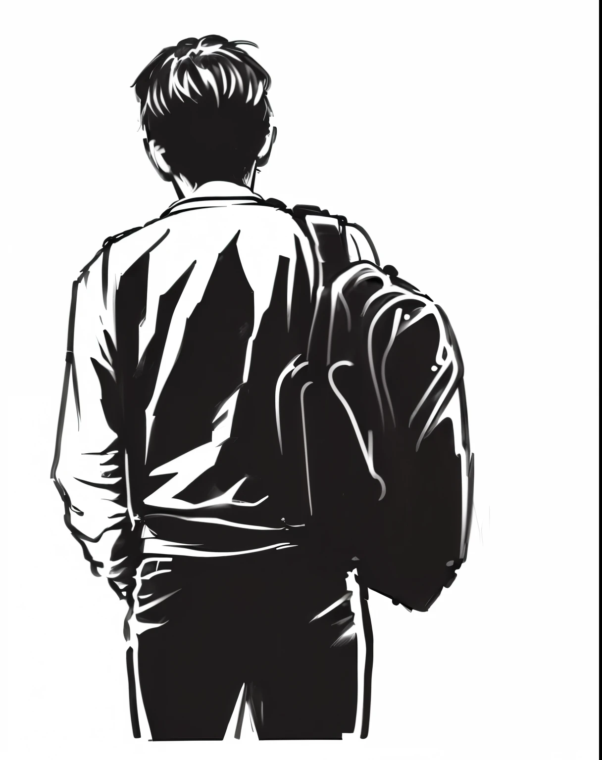 Close-up shot of a person with a backpack on a black background, Drawn in black style, Drawn in neo-noir style, Black and white vector art, rotoscoping, Bucky style, phone wallpaper, He faces away, Vector Style, Black Animation, Mobile phone background, With your back to the audience, New black style