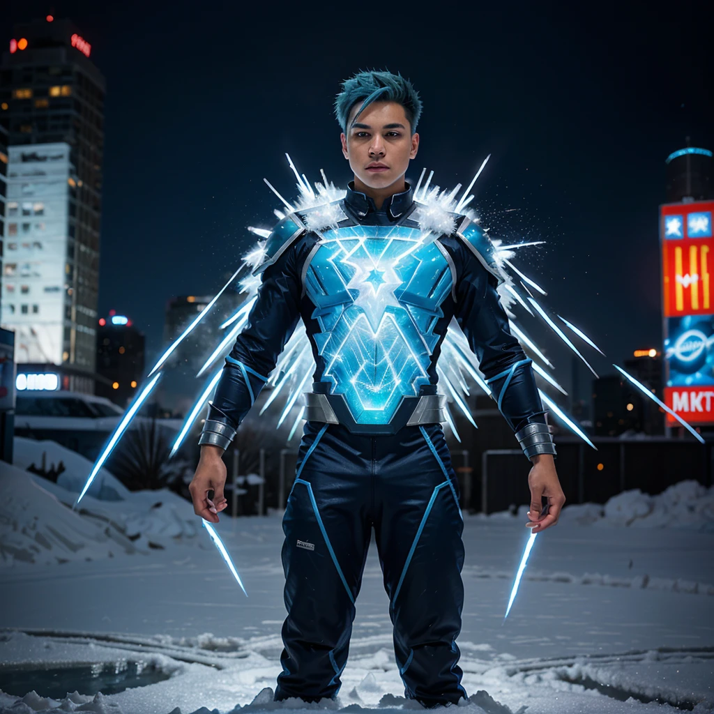 Full body view of a 19 year old bi-racial boy with spiky icy-blue hair and brown eyes wearing an icy-blue superhero suit with a snowflame in the center of his superhero suit in New York City