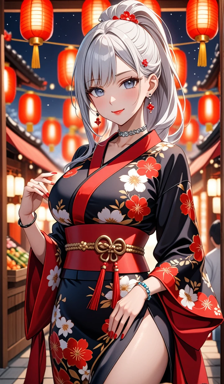 ((one girl)), hyper detailed, absurdres, 8K,Cute face, Beautiful Face, (Laugh shyly), ((laugh:1.6)), ((Wink:1.8)), (Laugh with your mouth wide open),(Tilt your head:1.3), View your viewers, ((Bright red cheeks:1.6)),Glossy Red Lips, ((Big Breasts:1.4)) night, Shrine festival stalls, (Brighten your face), ((Anime style background)),masterpiece, Highest quality, so beautiful,Latest, Complex details, (Pink long nails), (nail art), (ring),(bracelet), (helix piercing:1.7), (Floral Choker),AI-generated, Complex,High resolution, Highest quality, super high quality,3D Images、3D Images,One person,Long white hair,(High Ponytail), Anime woman posing for a photo,((silver eyes:1.6)), ((Fine grain、blue eyes、Shining Eyes:1.3)), (Squint your eyes:1.1),a hyperRealistic , hyperRealistic , Realistic,Anime woman with long white hair, Smooth anime CG art, With gold embroidery、A girl in a gorgeous kimono, ((Black long sleeve kimono:1.3)),(Red large floral pattern) ,Long flower hair ornament,Floral Earrings,Mature Body, expensive,Abdominal muscles,Tight waist,((face focus:1.6)), (front view),