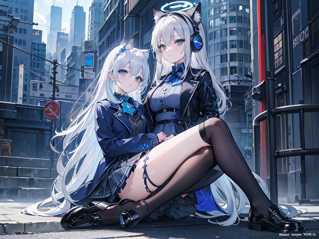 ((Best Quality)), ((Masterpiece)), (Detailed), Perfect Face, Very Detailed, Masterpiece, Best Quality, Official Art, Extremely Detailed CG Unified 8k Wallpaper, Dynamic Eyes and Detailed Full Body Portrait, trendy style, long silver-gray hair, shoulder-length hair, a futuristic blue halo on her head, ((sitting on the ground)), ((spread legs)), future clothing, with a mechanical feel, ((dark blue skirt with bright blue lace)), ((black jacket with blue stripes)), JK short skirt, cat ear headphones on the head, smile, city streets in the background, ((watery eyeright eyes))