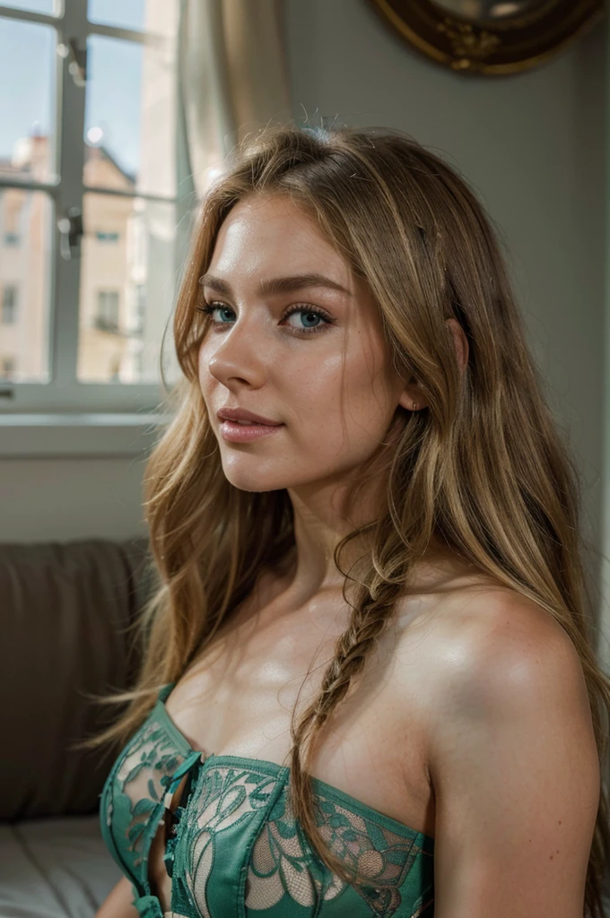 photorealistic, best quality, instagram model, (hyper detailed: 1.4), long distance shot, ((view from the side:1.3)), sitting on the bed, wearing lingerie, long blonde hair, smile, green eyes ,Detailed eyes, beautiful european young woman, (Highly detailed face:1.4), exuding a natural glow, soft lightning, evening time, jaw-dropping beauty, mysterious, seductive, vivid colors, subtle shadows