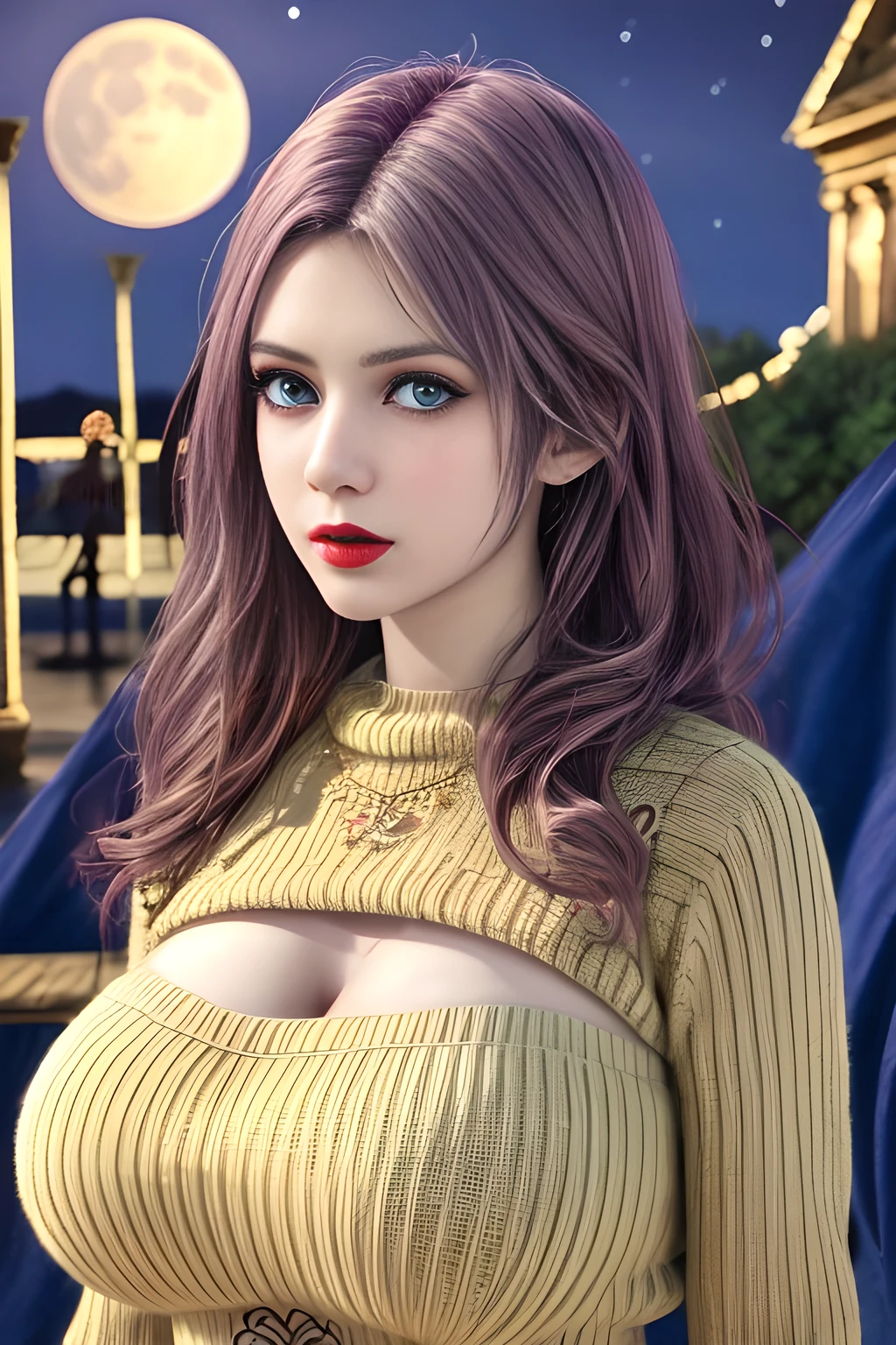 1 girl,Dressed in vibrant rainbow color scheme art; Su embroidery craft; knitted sweater ripped dress,jewely,(Tattooed with:1),during night, full_themoon, As estrelas,Redlip,(huge breasts),(masterpiece:1.5),( Best quality at best:1.4),(Realistic:1.4), detailed,8K，number art,detailedhair,Expressive eyes, s the perfect face, real fingers,depth of fields,Similar colors,a warm color palette,softlighting,low-contrast,hard shadows,elise