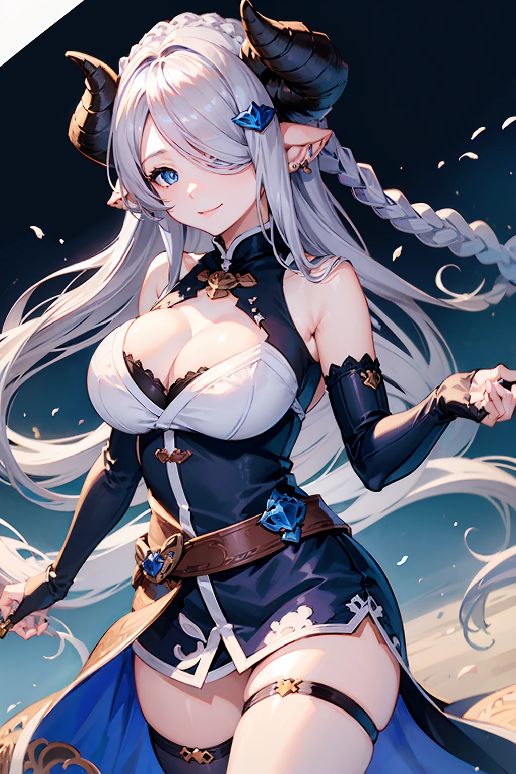 (((1 woman))), ((detailed blue eyes)), ((long silver hair)), large breasts, perfectly drawn body, narmaya, seductive smile, miniskirt, best quality, masterpiece, ultra-detailed