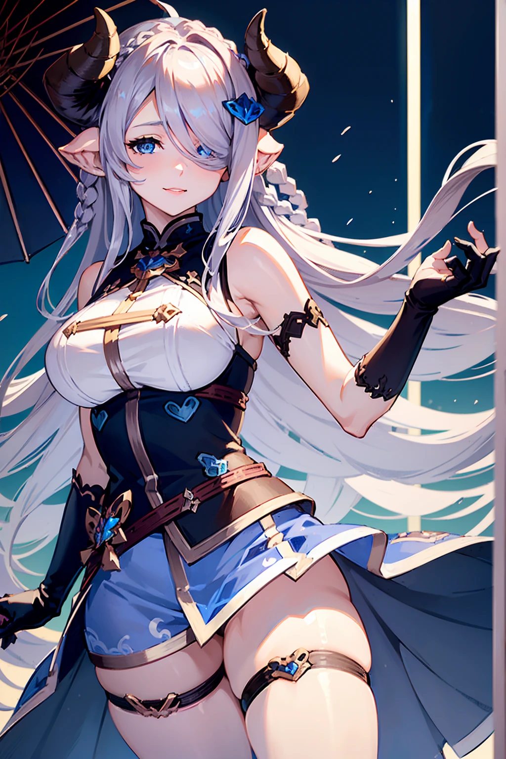 (((1 woman))), ((detailed blue eyes)), ((long silver hair)), large breasts, perfectly drawn body, narmaya, seductive smile, miniskirt, best quality, masterpiece, ultra-detailed