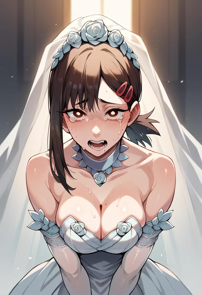 Kobeni Higashiyama from chainsaw man standing at the altar dressed as a bride wearing a very beautiful wedding dress while looking at the viewer with tears of happiness