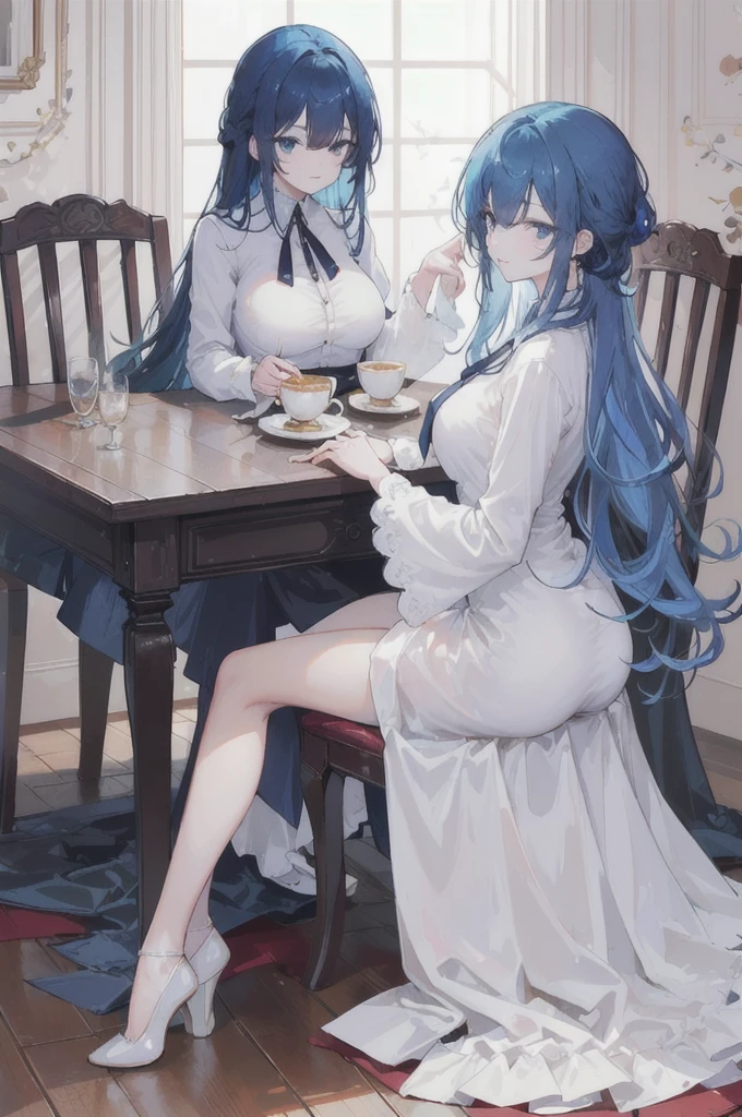 anime girl1, Beautiful blue hair, blue eyes, (bangs cover left eye) His left eye is visible slightly behind his long bangs, (wearing an elegant white noble shirt) wearing an elegant white tie jabot (long elegant noble shirt dress) Sitting on an elegant wooden chair, Skirt covers elegant legs (wearing elegant sparkling white glass shoes) (Hands on the table holding a cup of tea) smiling gently (perfect long straight blue hair) Body position facing to the left (head facing to the left) (image seen from top of head to toes looking down) Background of a luxurious, magnificent palace, detailed size (window light), shiny ceramics (perfect body, left hand holding a tea cup, right hand on a shiny, elegant wooden table