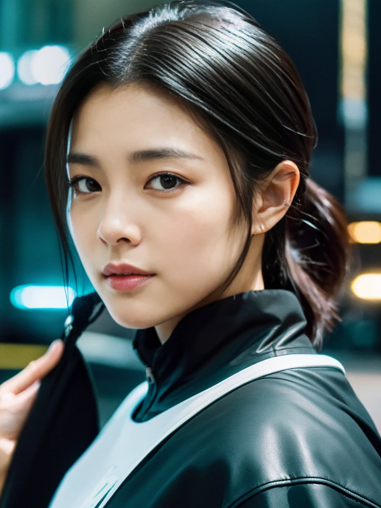Hyper Reality 8kCG,masterpiece,Best quality,(Photo Realism:1.4),(Film Grain:1.1),((Depth of Field)),,Realistic photos、Realistic skin texture、A beautiful Korean woman,Leading a black panther,Moving in the city,The girl and the black panther both look at the camera,
