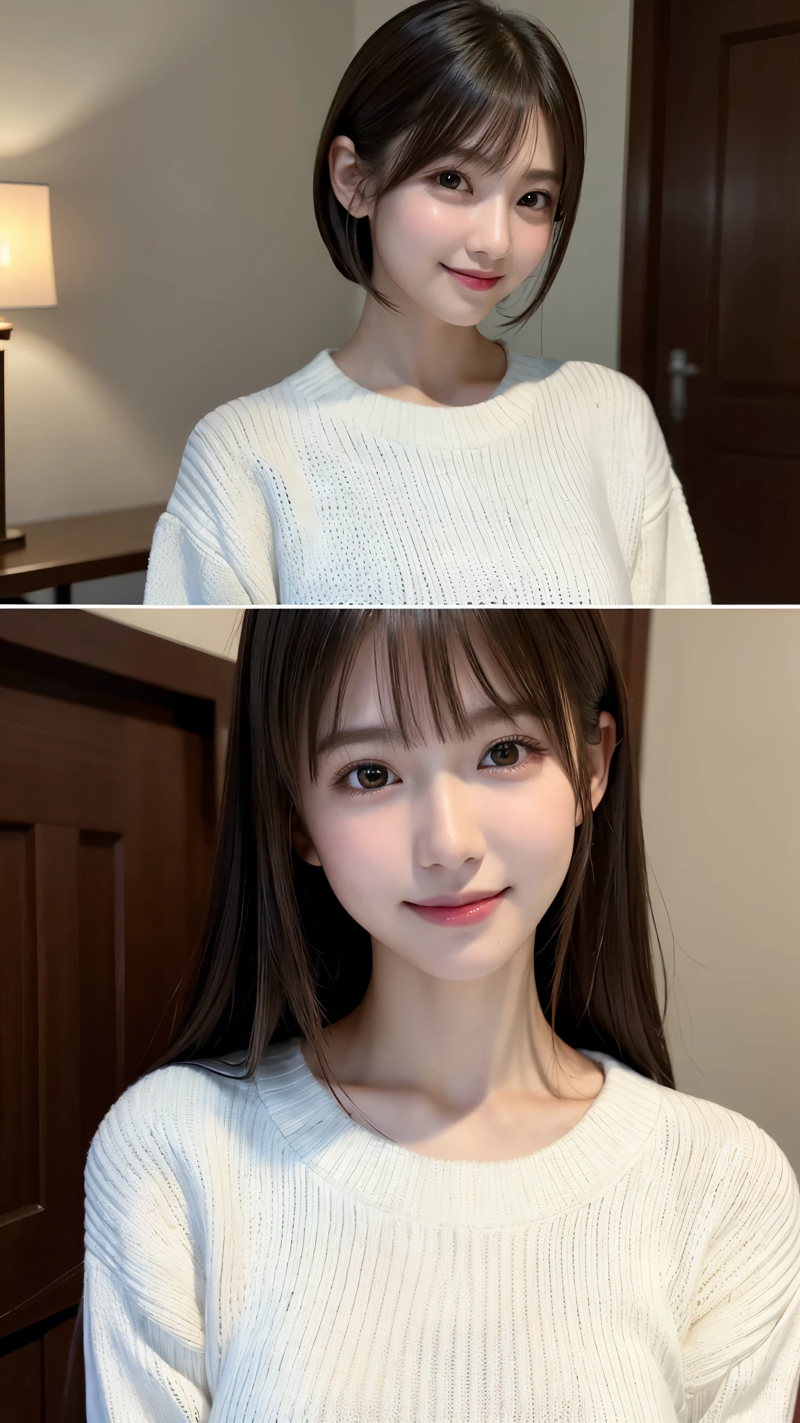 1 Japanese girl,(White sweater:1.4), (RAW Photos, highest quality), (Realistic, Realistic:1.4), Tabletop, Very delicate and beautiful, Very detailed, 8k wallpaper, wonderful, In detail, Very detailedなCG Unity, High resolution, Soft Light, Beautiful details 19 years old, Very detailedな目と顔, Beautiful and sophisticated nose, Beautiful details,Cinema Lighting,Perfect Anatomy,Slender body,smile (Asymmetrical bangs,)