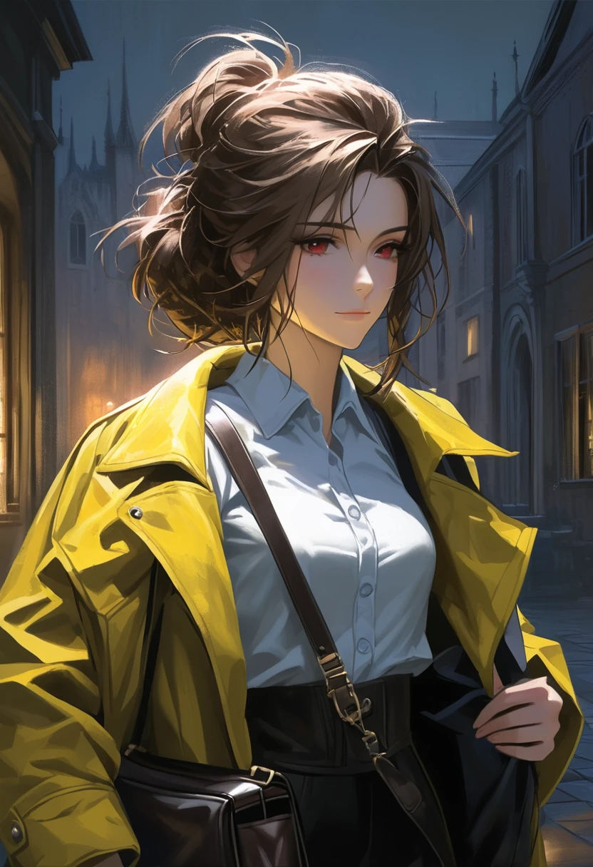 ((adult)), (woman), ((tall)), masterpiece, best quality, dark aura, brown hair, ((updo hair)), (messy hair) , ringed dark red eyes, plain white shirt, Yellow coat, black pants, carrying a robust leather bag, (faint smile), realistic anime style, (oil painting), dark old manor background, night, impasto.