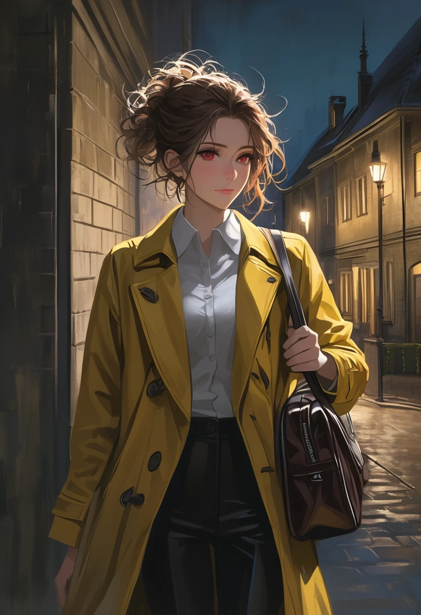 ((adult)), (woman), ((tall)), masterpiece, best quality, dark aura, brown hair, ((updo hair)), (messy hair) , ringed dark red eyes, plain white shirt, Yellow coat, black pants, carrying a robust leather bag, (faint smile), realistic anime style, (oil painting), dark old manor background, night, impasto.
