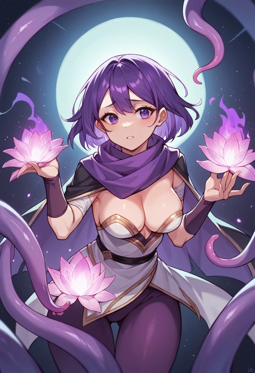 Extra long purple hair,Purple Eyes,A very good figure of an adult woman with bare breasts,Wearing black and purple tights,A purple scarf on the wrist,And holding a purple fire lotus in his left hand,First person open hands action,Six purple-white tentacles formed of energy extended from her back.,And behind her there are circles of three fists of purple and white halos,The background is purple, the universe and the starry sky