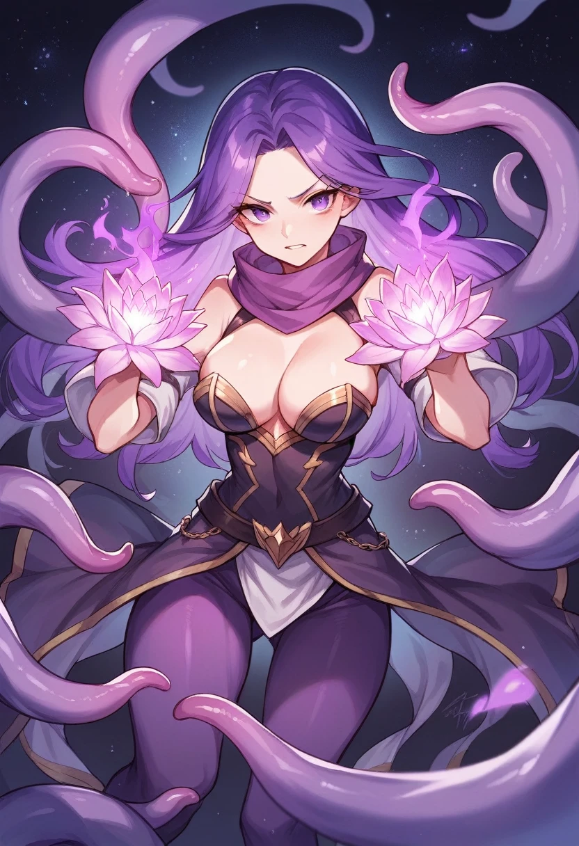 Extra long purple hair,Purple Eyes,A very good figure of an adult woman with bare breasts,Wearing black and purple tights,A purple scarf on the wrist,And holding a purple fire lotus in his left hand,First person open hands action,Six purple-white tentacles formed of energy extended from her back.,And behind her there are circles of three fists of purple and white halos,The background is purple, the universe and the starry sky